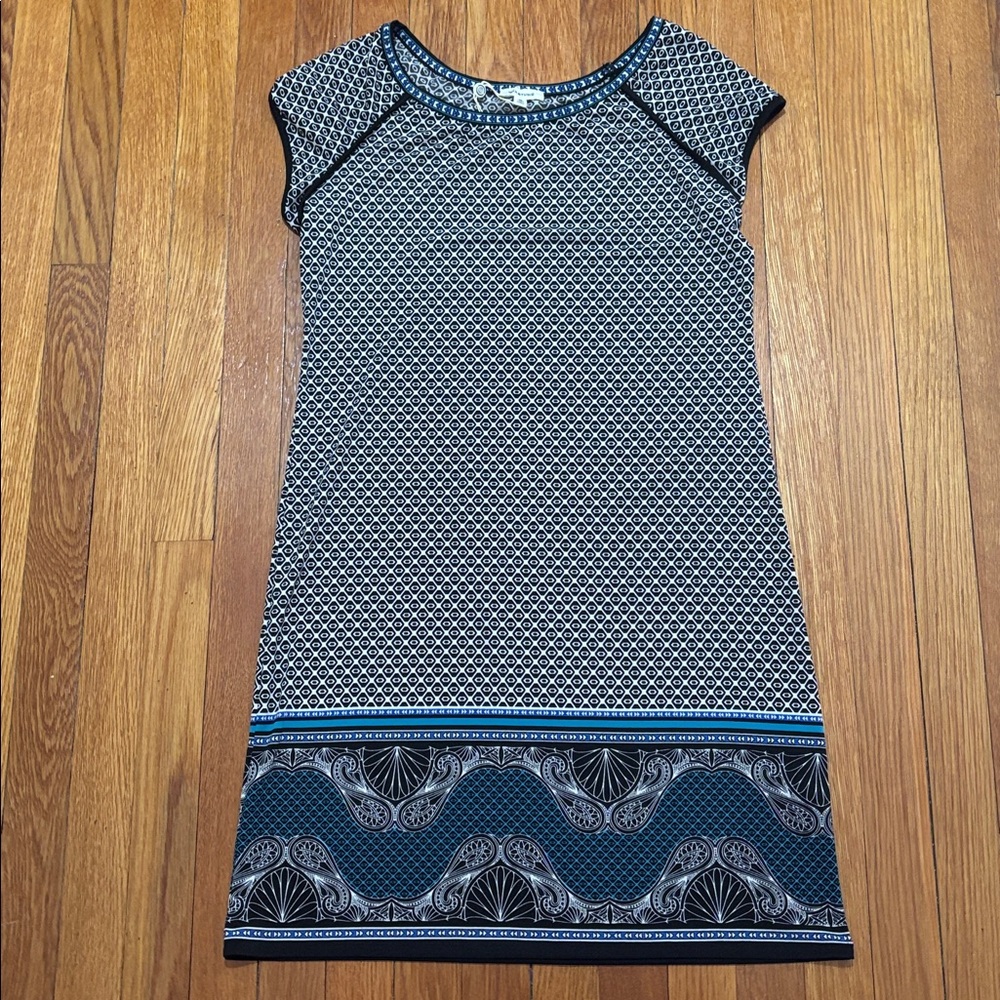 Max Studio Black and Teal Patterned Midi Dress